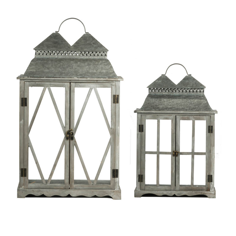 Lanterne en bois + métal + verre 2 pièces porte-bougie brun gris
