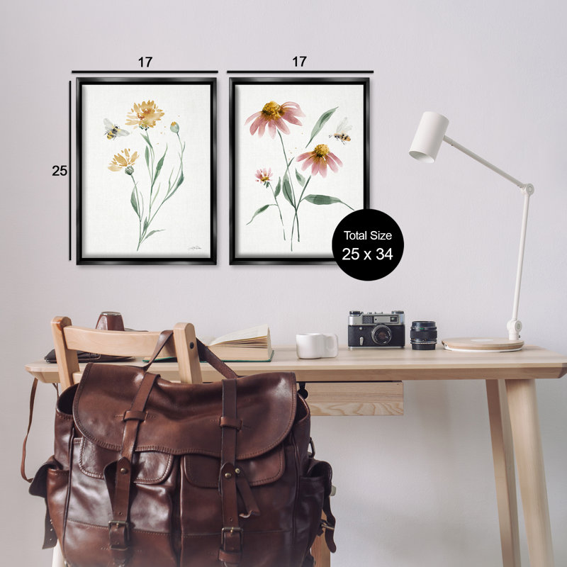 «Flower Stem Bees», ensemble de 2 toiles flottantes encadrées par Katrina Pete, H 25 po x l 17 po