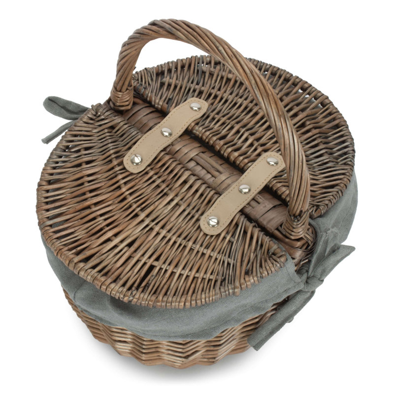Small Wicker Picnic Basket with Lining, Antique Wash/Grey Lining, 30cm H x 30cm W x 23cm D