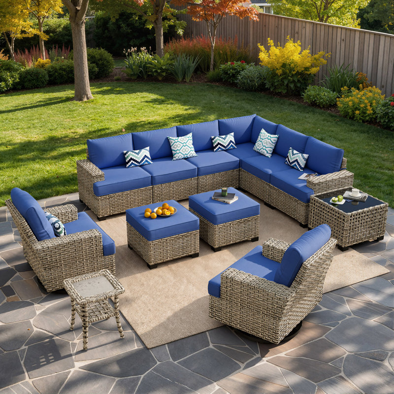 Ensemble de conversation modulaire en osier pour 10 personnes avec chaises pivotantes et coussins, ensemble de conversation avec table basse