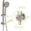 Douche en nickel brossé avec pommeau de douche effet pluie de 12 cm, douchette de 18 cm, barre de douche à double pommeau réglable avec bras articulé et support de boyau en acier inoxydable