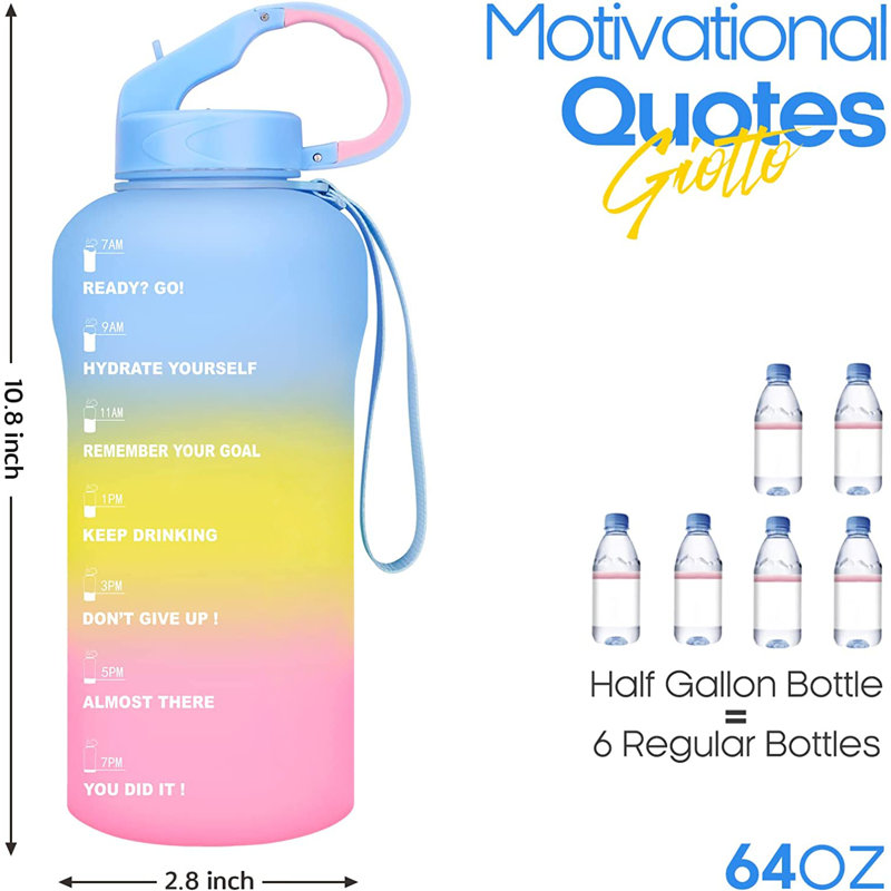 Bouteille d'eau en plastique jetable Tritan 64 oz avec marqueurs de temps JetLifee, Bleu / jaune / rose