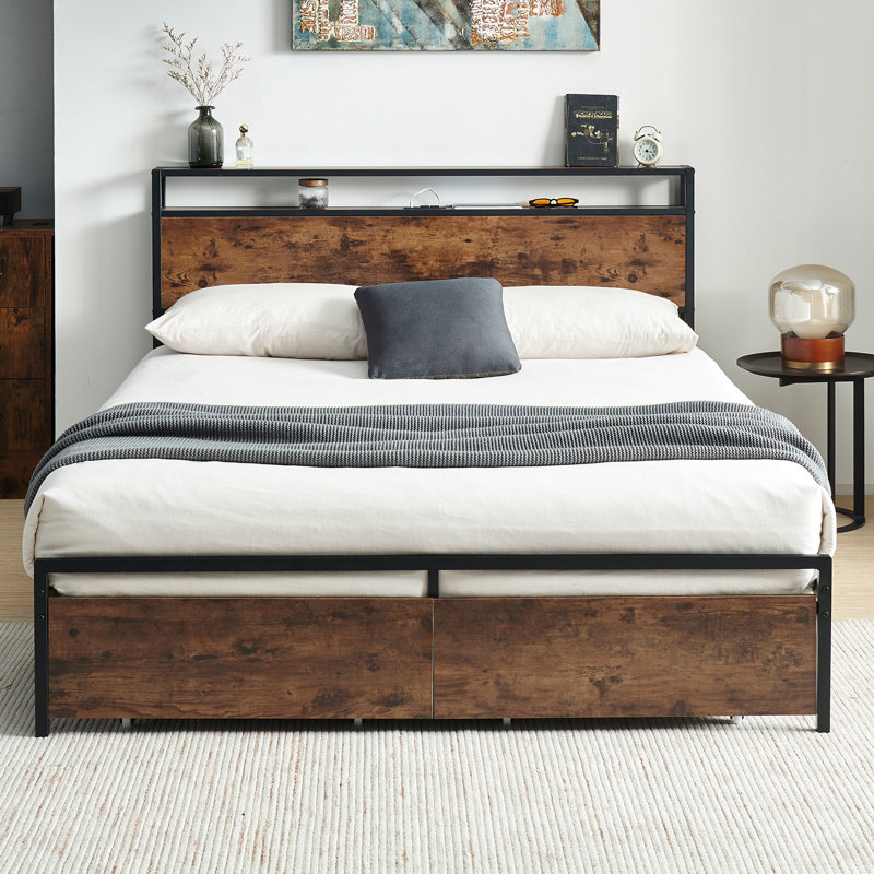 Bed Frame with 2 Drawers, Storage Headboard with Charging Station,Platform Bed, No Box Spring Neede, Queen