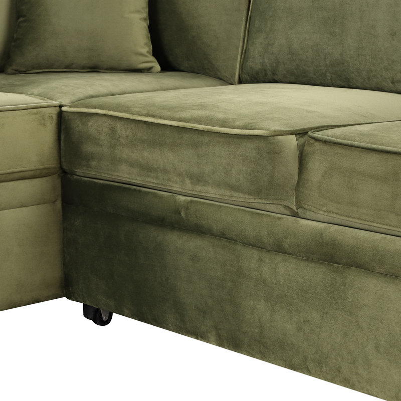 84.75" Sleeper Sofa With Storage Ottoman For Living Room, Green Velvet, Left Hand Facing