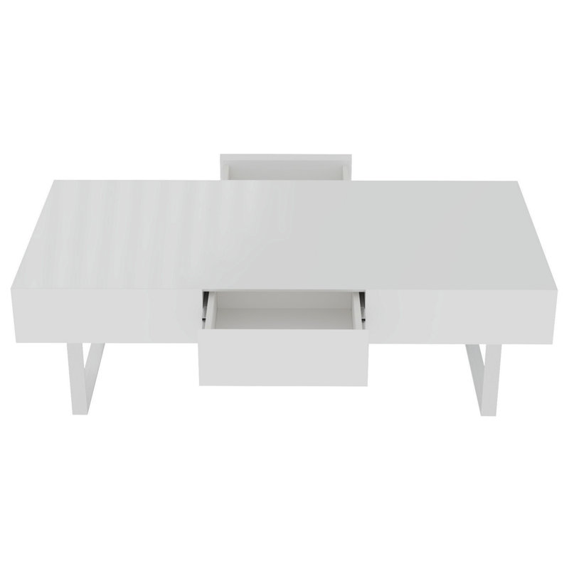 Table basse moderne lustrée de 52,4 po - Tiroirs de rangement cachés, pieds en acier inoxydable, Blanc