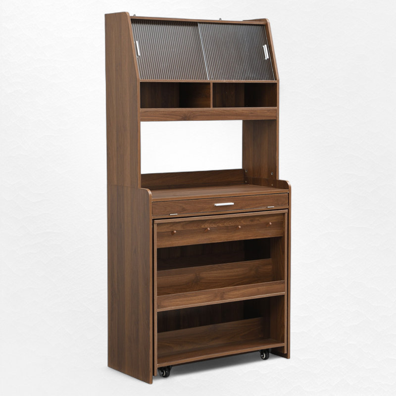 Kitchen Pantry With Foldable Dining Table, Walnut