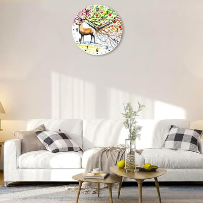 SPUNKER Clocks For Living Room,Deer Wall Clock Battery Operated 10 Inch,Tree Of Life Watercolor Round Clock Silent Non-Ticking Wall Decor For Farmhouse Office Home School Living Room Bedroom