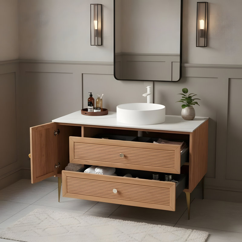 Meuble-lavabo autoportant 48 po avec lavabo rond en céramique blanc et 4 pieds en métal, Rond, 48"