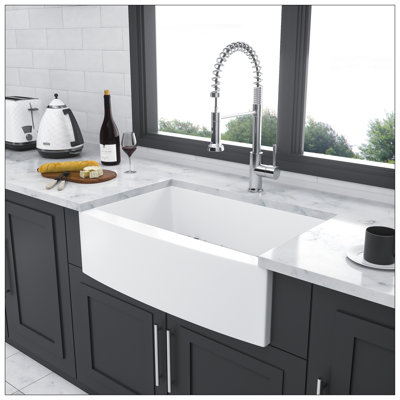 White Farmhouse Sink - 30 Inch White Kitchen Sink Ceramic Arch Edge Apron Front Single Bowl Farm Kitchen Sinks