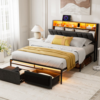 Ivy Bronx Bed Frames With Dustproof Storage Drawer, Ergonomic Hidden Storage Headboard With Charging Station, Upholstered Led Platform Bed, No Box Spr