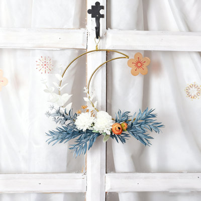 Simulation Flower Wreath, Moon Flower Wreath Front Door Decoration, Artificial Metal Ring Flower Hanging Flower Wreath, Wall And Window Indoor And Outdoor Farmhouse Decoration