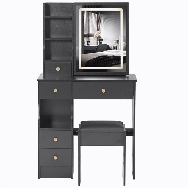 Table de coiffeuse avec tabouret rembourré Ray, Noir 2