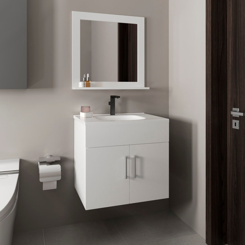 Ensemble de salle de bain, lavabo + miroir, 2 portes, 1 tablette, 1 miroir, Blanc