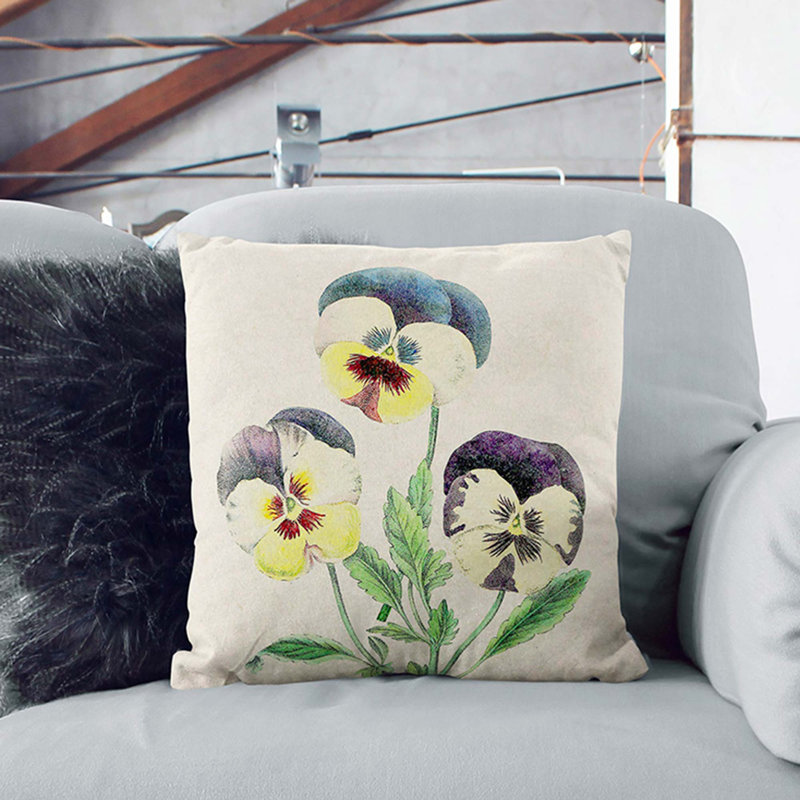 Illustration of Wild Pansies Cushion with Filling, 40cm H x 40cm W x 15cm D, Stone