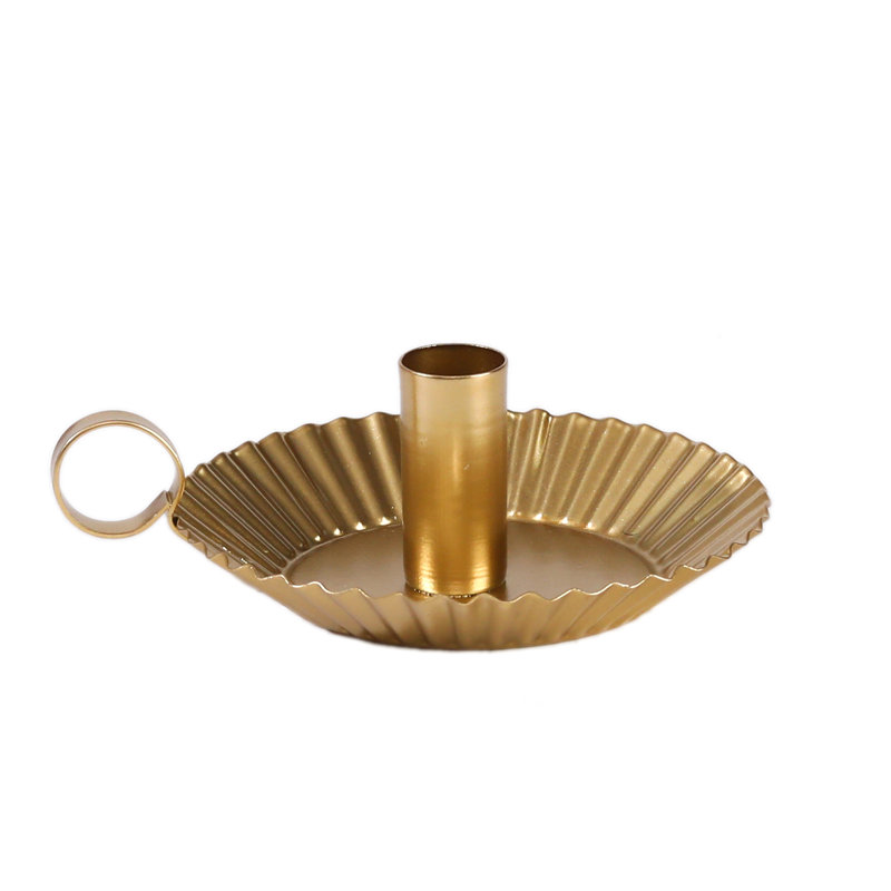 1-bougeoir en métal doré avec poignée, plateau à rayures verticales en forme de petit gâteau, chandelier décoratif pour décoration de table