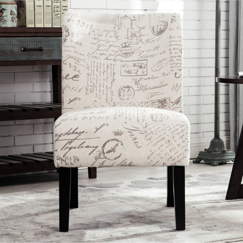 Chaise à imprimé lettres anglaises en mélange de blanc, sans accoudoirs, style contemporain, dossier et pieds amovibles, 54,7 cm (l) x 75,6 cm (p) x 84,2 cm (h), revêtement en tissu.