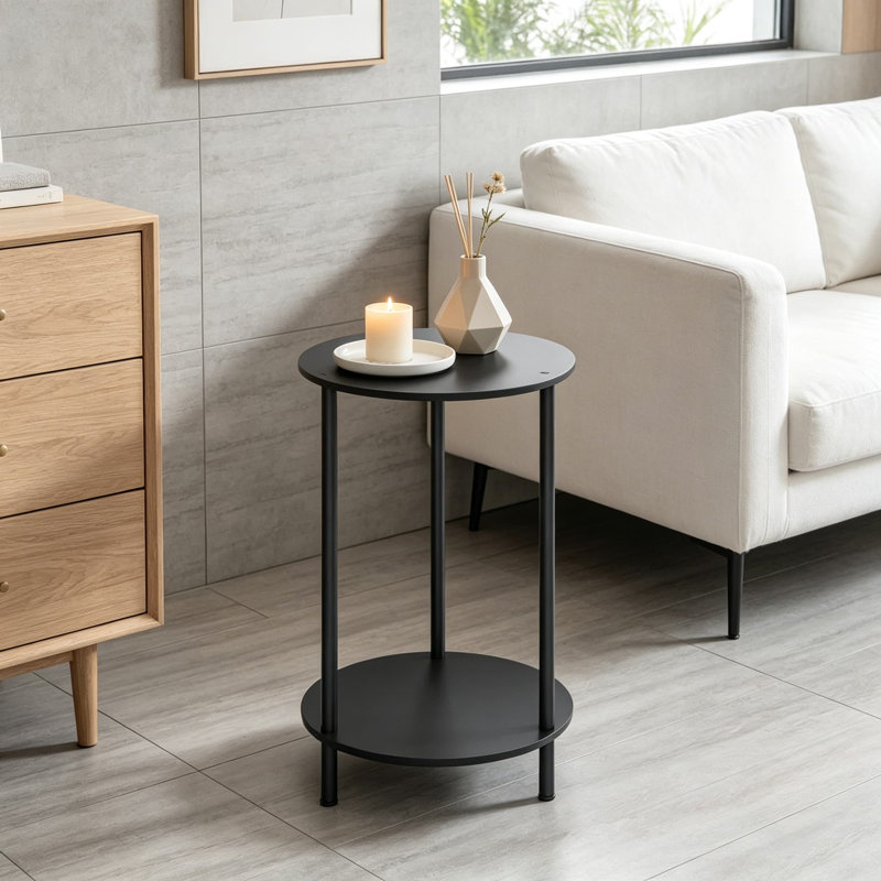 Ensemble de 2 petites tables d'appoint rondes, tables de bout fermières à 2 niveaux avec tablette de rangement, tables de chevet pour le salon de la chambre à coucher, tables d'appoint pour petits espaces