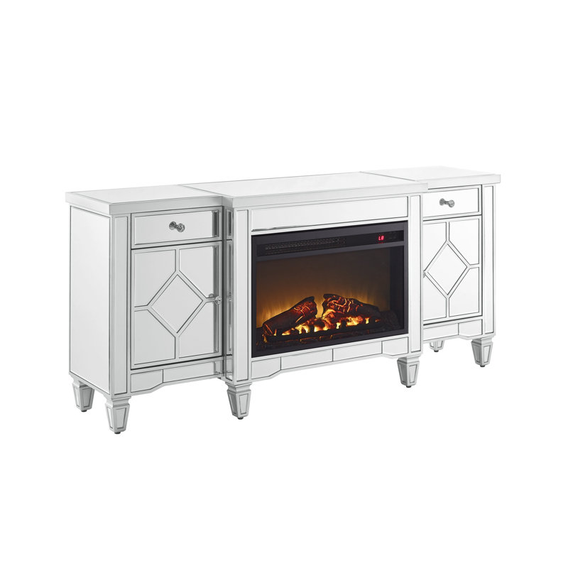 57" W Silver Electric Fireplace TV Stand with Glossy Mirror Finish