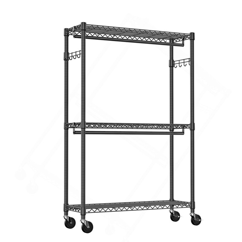 Portant à vêtements robuste à 3 niveaux avec 2 tringles et crochets latéraux, support à vêtements avec roulettes noir, Noir
