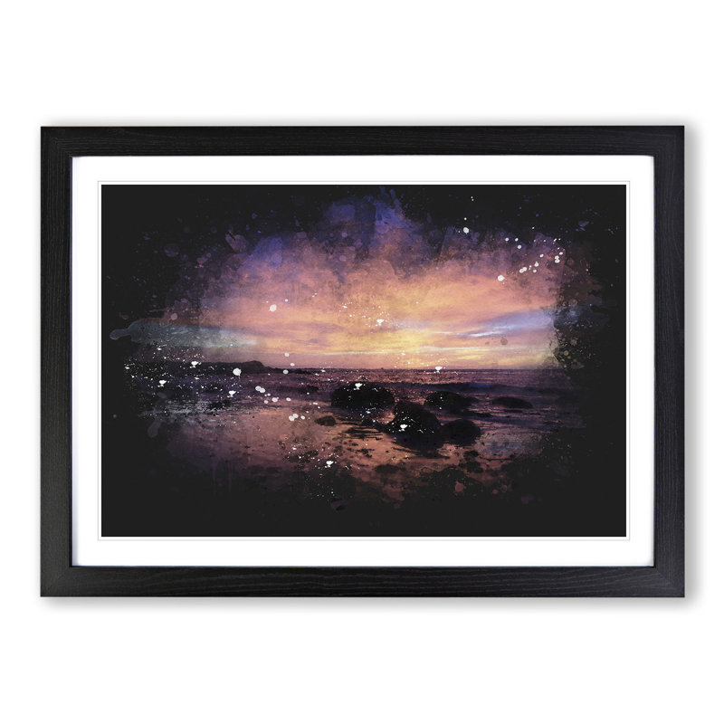 Purple Beach Sunset - Single Picture Frame Print on Wood, 27cm H x 36cm W x 2cm D, Black Framed