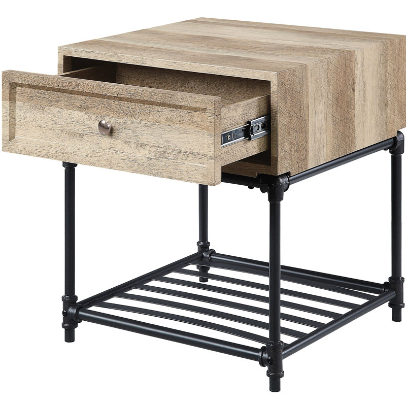 Table de bout avec rangement de style industriel, couleur sable et chêne
