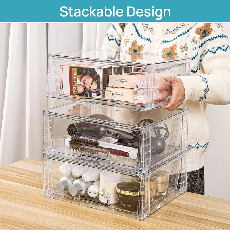 Ensemble de 2 grands tiroirs de rangement empilables - Organisateurs en acrylique transparent pour le rangement de la salle de bain, du placard et de l'armoire