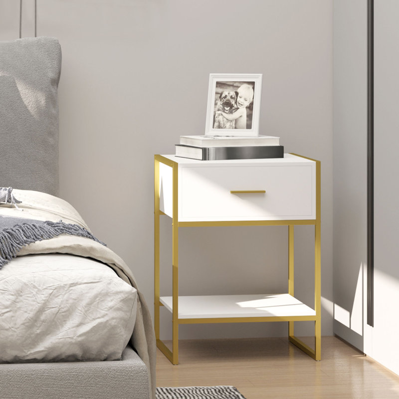 Bogia 45cm W Steel Bedside Table, Gold/White
