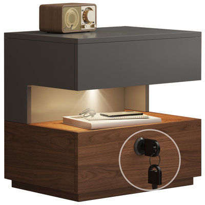 21.65" Walnut Nightstand With Motion-activated Led Light & Lockable Drawer, Mid Century Modern Night Stand With Open Storage, Bedside Table With 2-tier Drawer, Grey Black & Walnut Bedroom Side Table