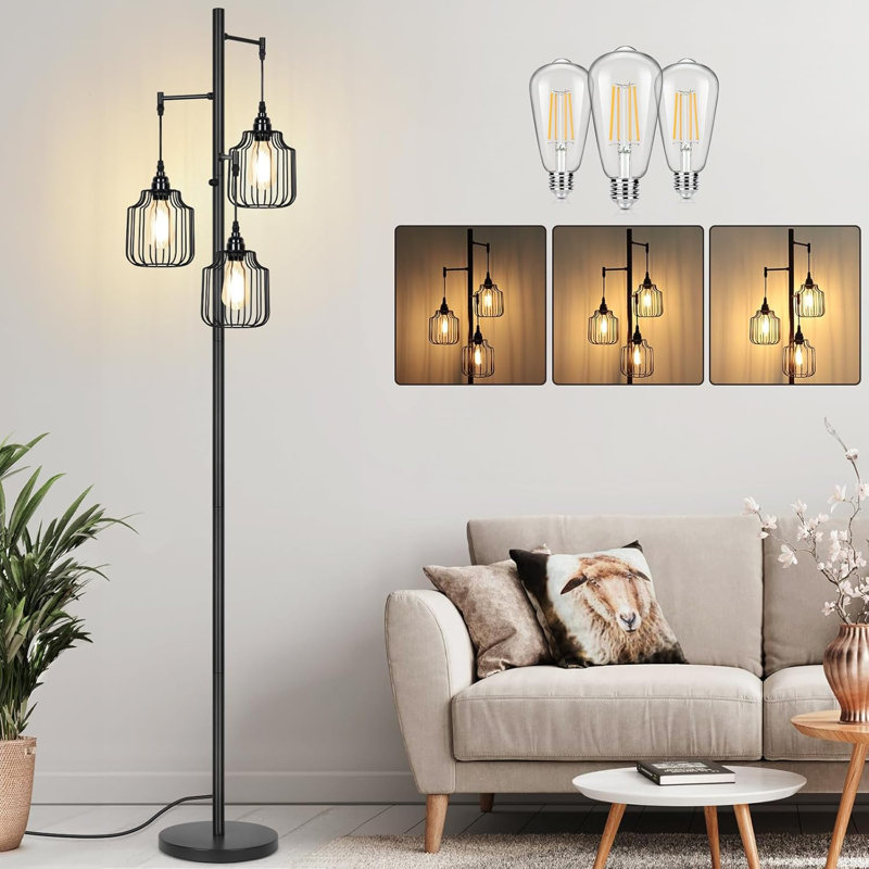 17 Stories Dimmable Floor Lamp With 3 X 800LM LED Edison Bulbs,Tall Standing Lamp For Living Room