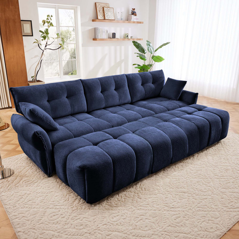 Canapé modulaire 3 places avec 3 repose-pieds et coussins, Chenille bleue