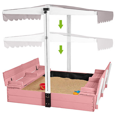 Kids Wooden Outdoor Sandbox w/Canopy, 2 Foldable Bench Seats, Retractable Roof Sand Protection Liner 47x47-Inch