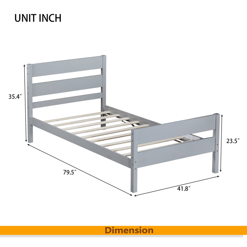 Lit simple avec tête et pied de lit, lit en bois d'hévéa, Gris