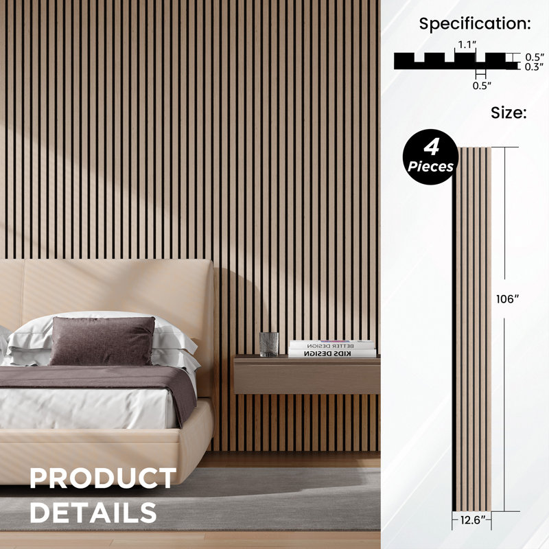 4 PCS 106"L x 12.6"W Acoustic Slat Wall Panels, Eco-Wood Look for Home/Office Wall & Ceiling (37.12 sq. ft.), Walnut