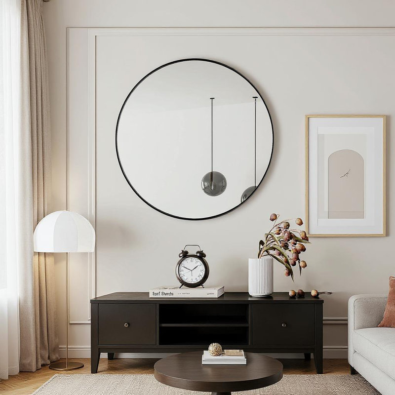28" Round Black Metal Framed Wall Mirror for Bathroom & Living Room