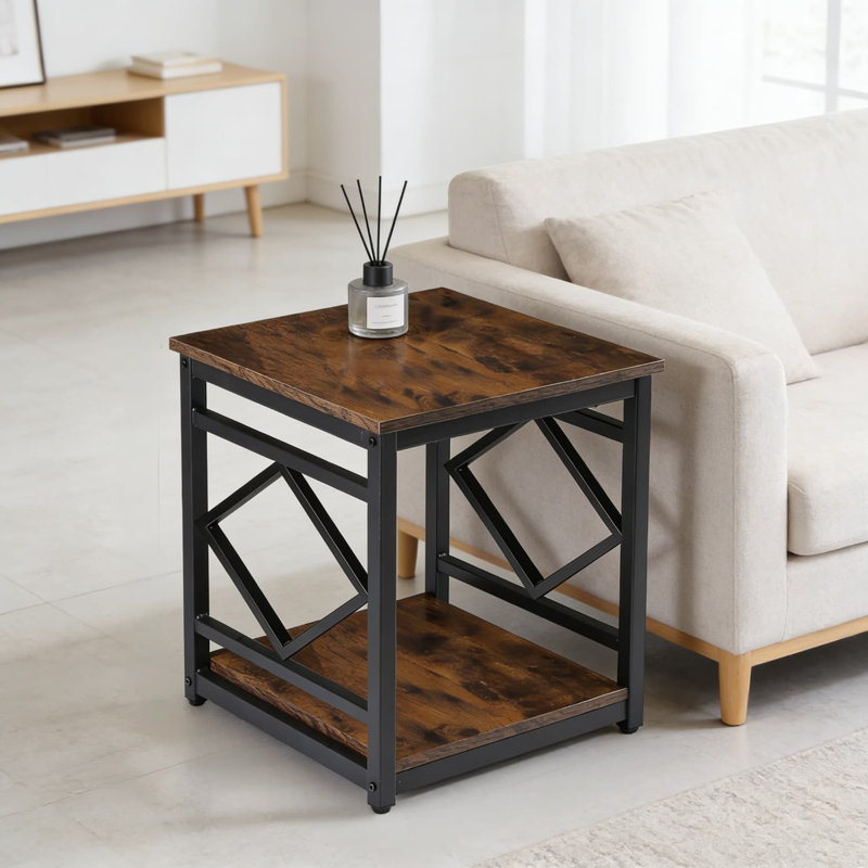 Table de bout industrielle avec rangement, table d'appoint robuste à 2 niveaux pour mini réfrigérateur, refroidisseur de boissons, bureau, dortoir, appartement et chambre à coucher - Finition brun rustique