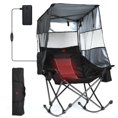 Fauteuil de camping berçant surdimensionné très grand chauffé avec auvent, chaise berçante extérieure pliante alimentée par batterie avec porte-gobelet et sac isotherme pour patio, cour et événements sportifs