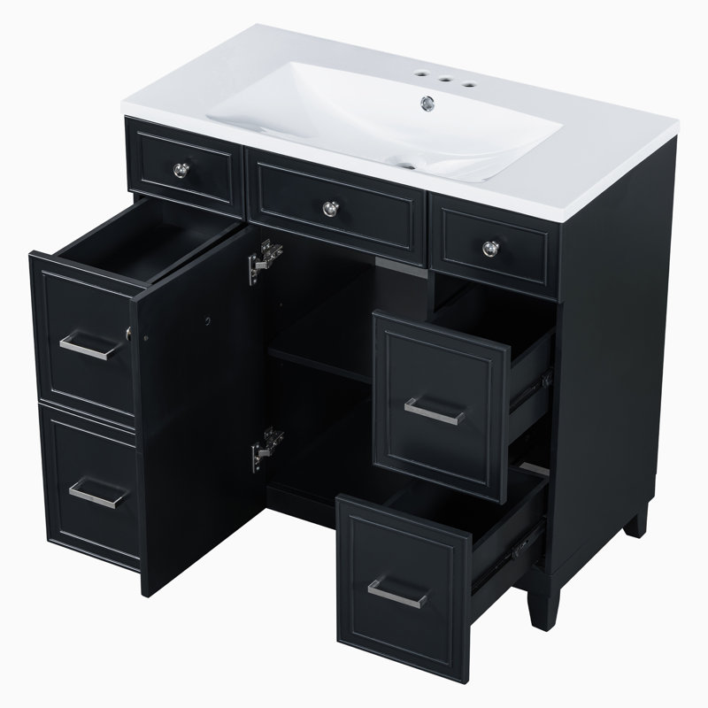Meuble-lavabo simple 36 po avec plateau en céramique Kylis, Noir, noir, noir, noir