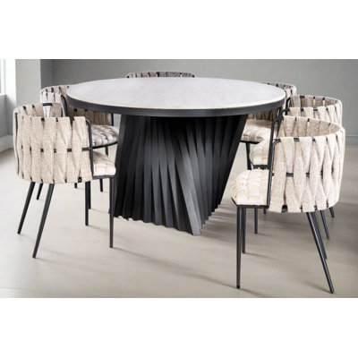 Vernita Waterfall Round Marble Dining Table Set with Sculptural Base and 6 Woven Strap Chairs – 7-Piece Modern Dining Set with Metal Frame