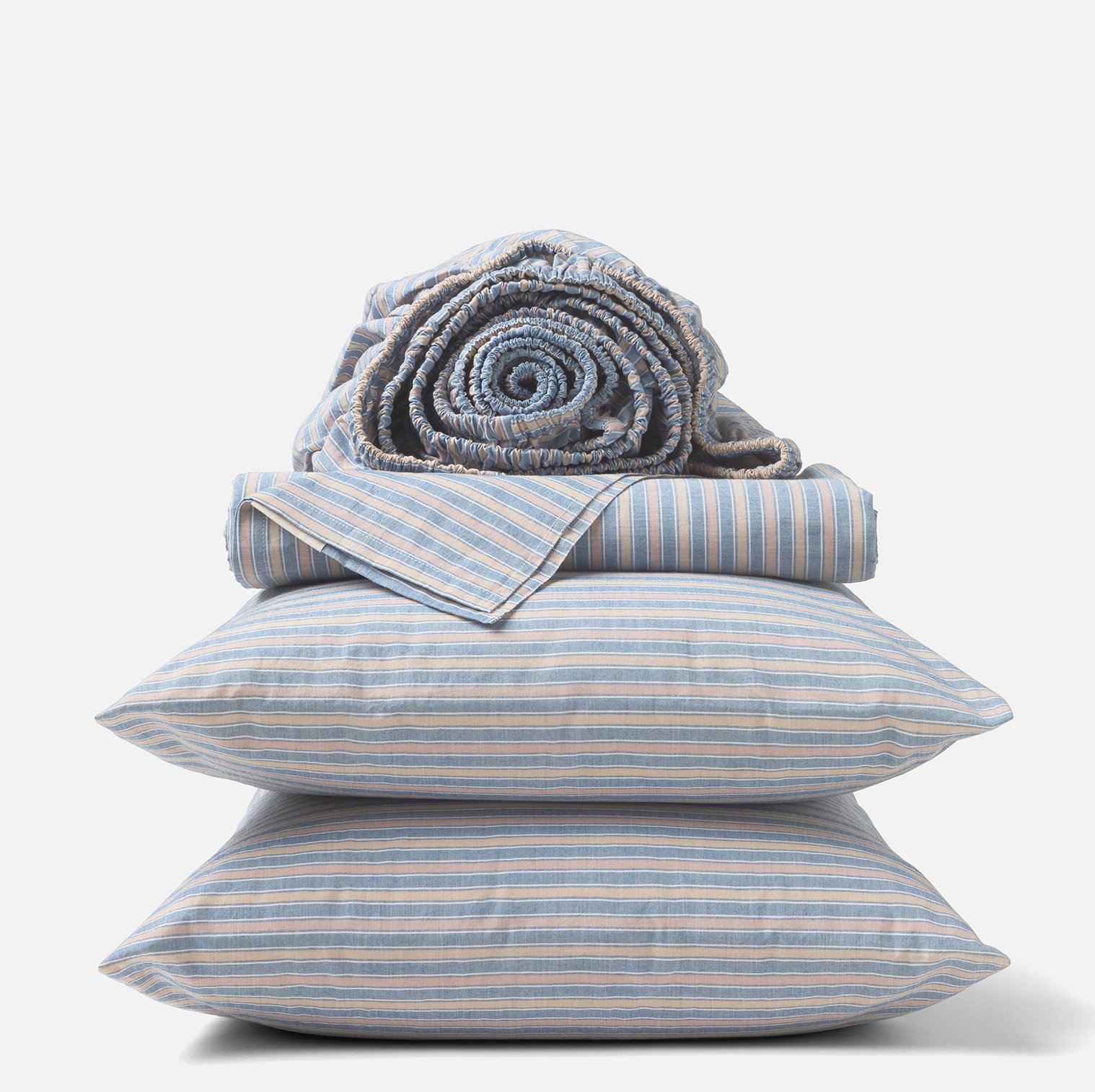 Organic Crinkled Percale 100% Cotton Percale Sheet Set, California King Sheet Set with 2 Pillowcases, Indigo Stripe