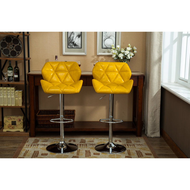 Contemporary Yellow Adjustable Height Bar Stools, Of 2 - Hydraulic Lift With Pu Leather Seat And Relaxing Foot Rest Stools In Yellow, Soft For Relaxation