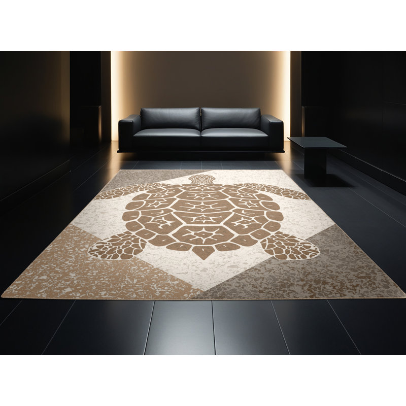 Machine Washable Oryn Desert Tortoise Global Inspired Block Print Rug in Beige – Beige Binding, 5 x 8