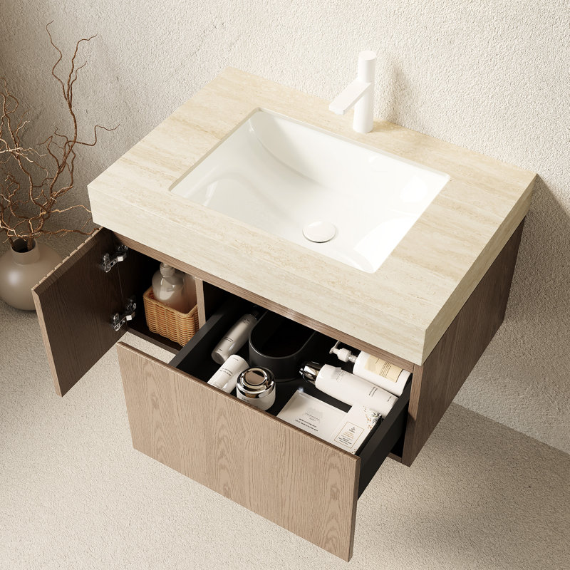 Meuble-lavabo de salle de bain de 76 cm (30 po), armoire flottante en contreplaqué, pierre frittée, lavabo en céramique, trou pré-percé pour robinet, amortisseur de fermeture douce, poids de 37,5 kg (82,73 lb), largeur du meuble-lavabo de 47,5 cm (18,71 po) avec dessus en pierre, tiroir, porte.