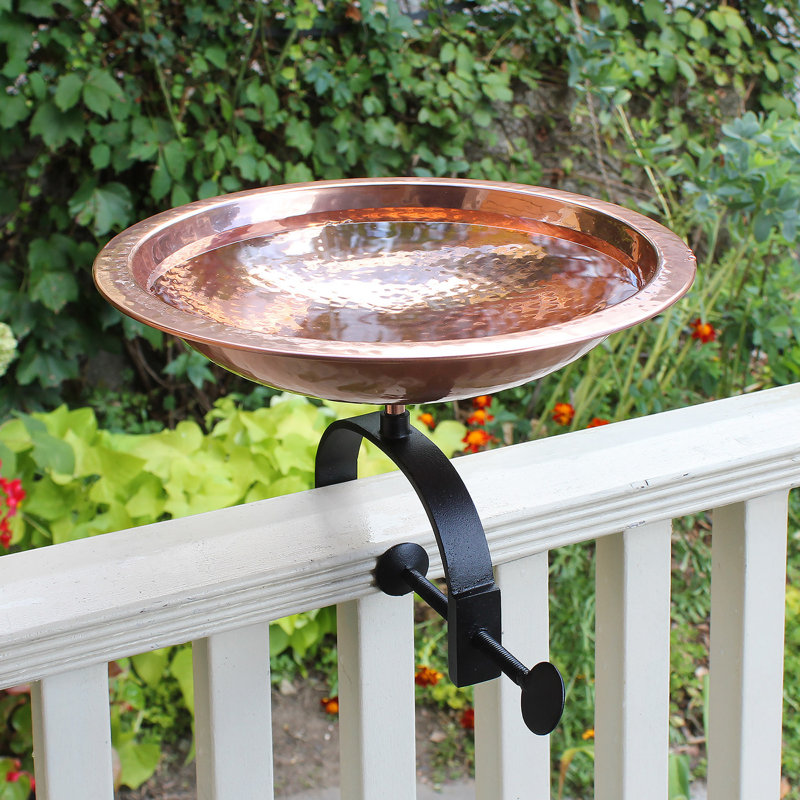 Copper Hammered Birdbath with Wrought Iron Rail Bracket