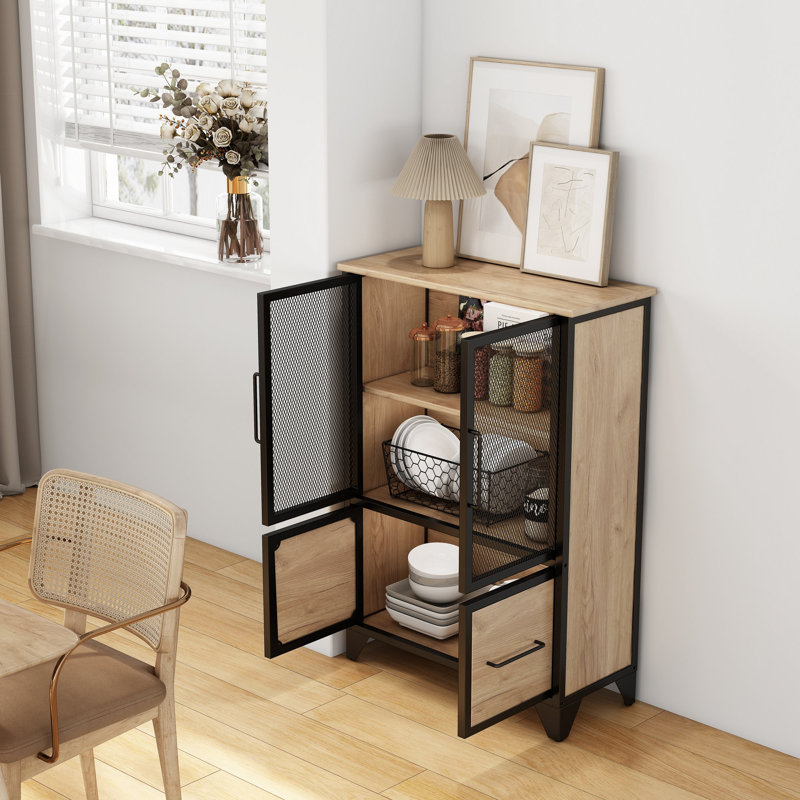 Storage Cabinet With 4 Iron Doors,Black Metal Handle,Sideboard With Adjustable Shelf,Black Sturdy Metal Frame And Metal Legs,Easy Assemble,For Living Room,Kitchen,Black+Natural