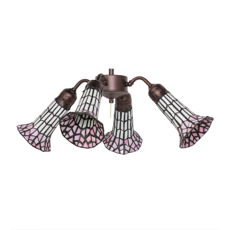 19" Wide Stained Glass Pond Lily 4 Light Fan Light, Pink/White