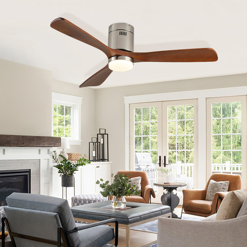 52 Inch Modern Ceiling Fan with LED Light Kit and Remote Control 3 Solid Wood Fan Blades 3-Color Dimmable Light 6-Speed Reversible Motor with Timer