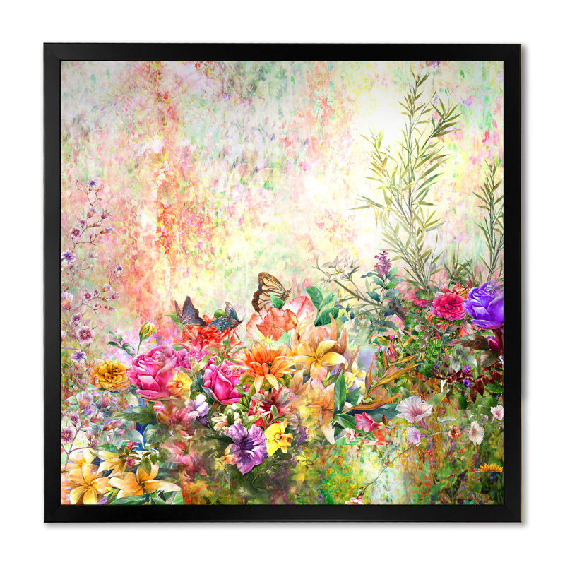 «Modern Multi And Green Summer Garden V», reproduction de cadre photo sur toile, Cadre noir, H 16 po x l 16 po x P 1 po