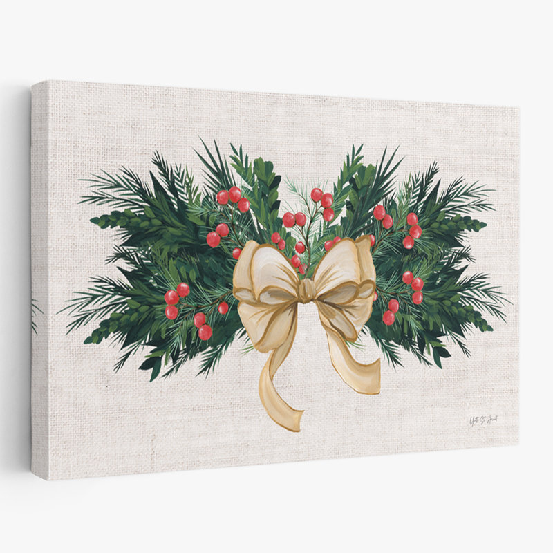 Evergreen Christmas I - Berries Bow Christmas Cream Art, H 40 po x l 60 po