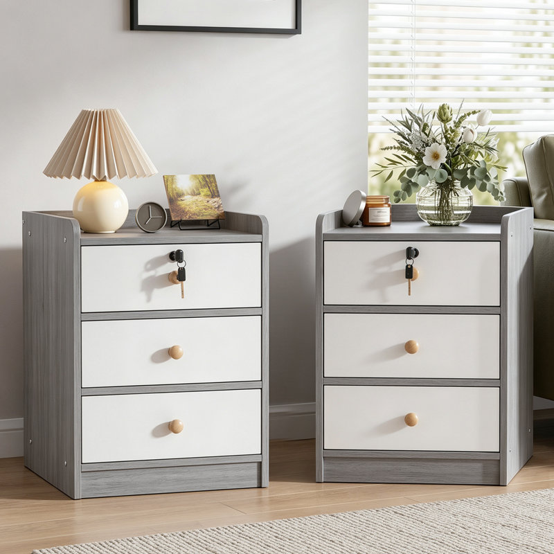 Ensemble de 2 tables d'appoint avec 3 tiroirs et serrure, tables de chevet modernes en bois avec tablette supérieure et meuble de rangement pour chambre, salon et petits espaces.