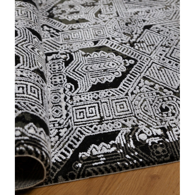 Tapis abstrait en viscose tissé à la machine Rodey en blanc / noir / brun, Rectangle 7 pi 10 po x 11 pi 2 po